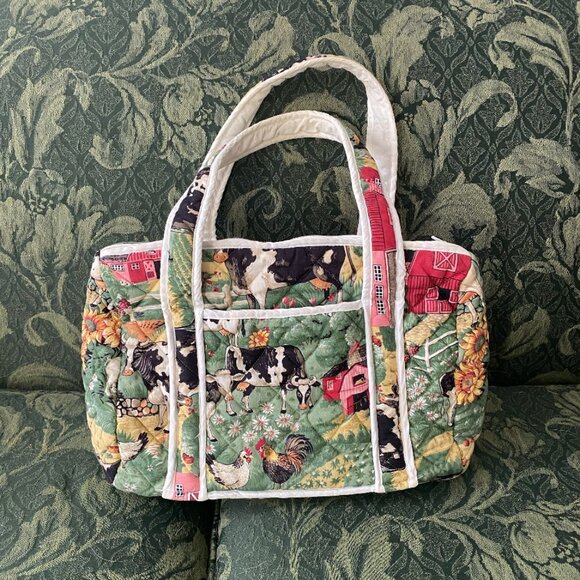 Vintage 90s Soft Quilted Farm Handbag Cow Chicken Barn Cottagecore - Picture 1 of 3